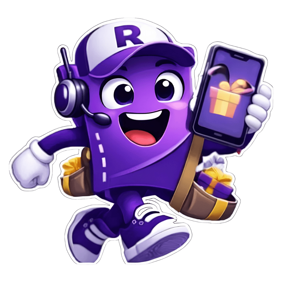 Mascote feliz da Raspô mostrando uma campanha no celular